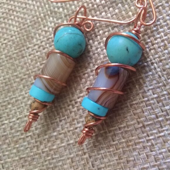 Aqua Turquoise & Tan Stack Stone Earrings ~ Handmade Copper Wire Wrap & Ear Wire - Picture 10 of 11